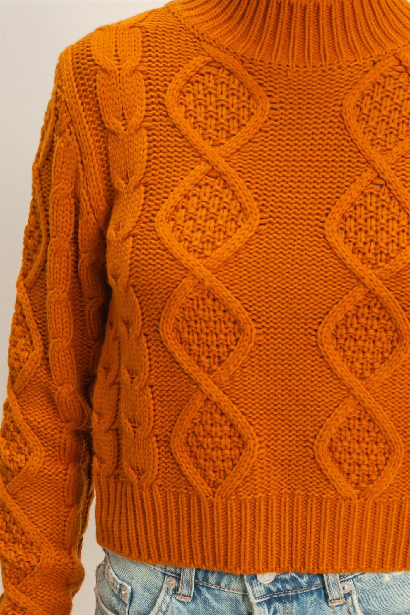 Textured Cable Knit High Neck Sweater - Caramel