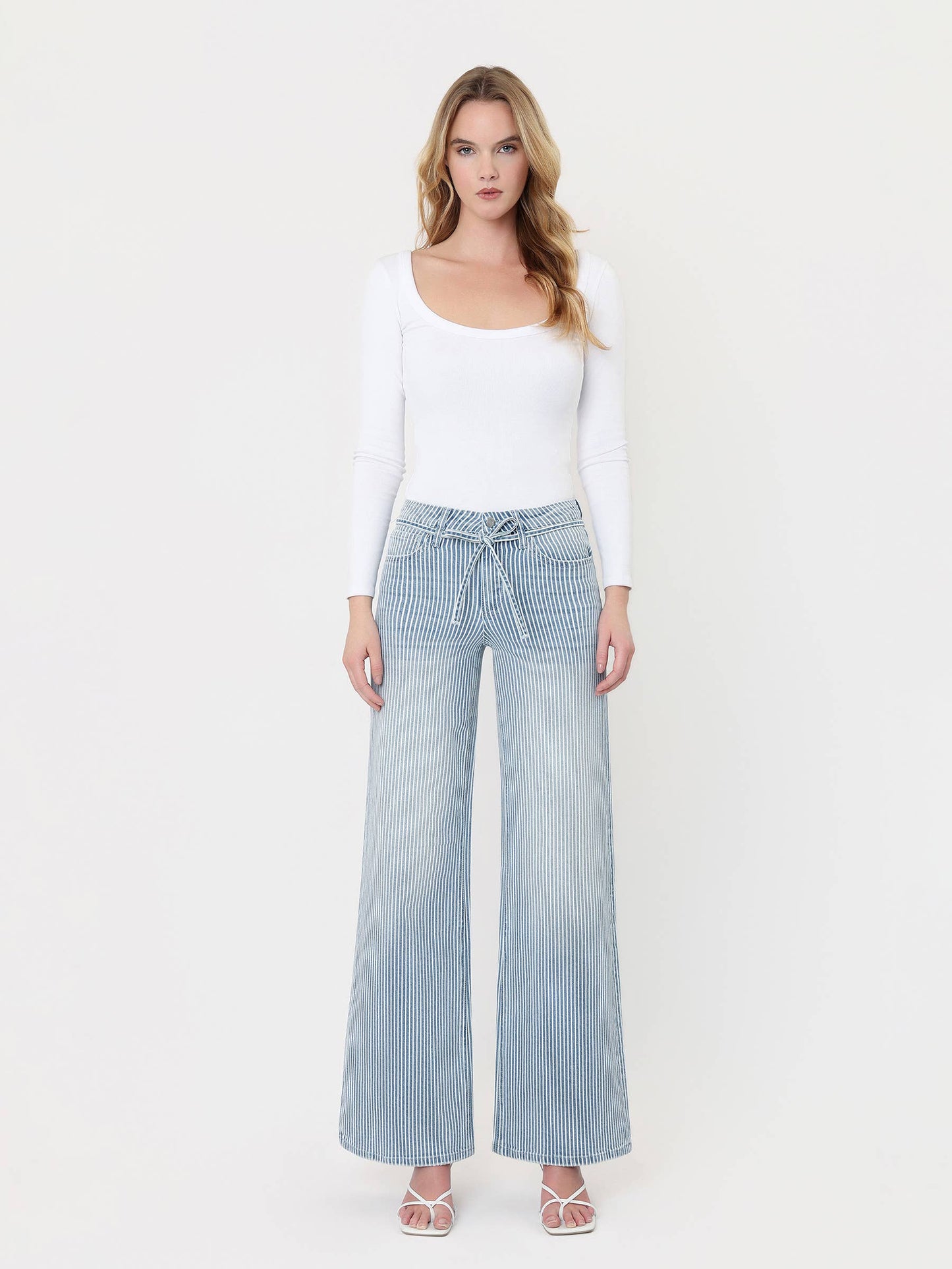 HIGH RISE WAIST TIE STRIPED WIDE LEG JEANS V3838STR