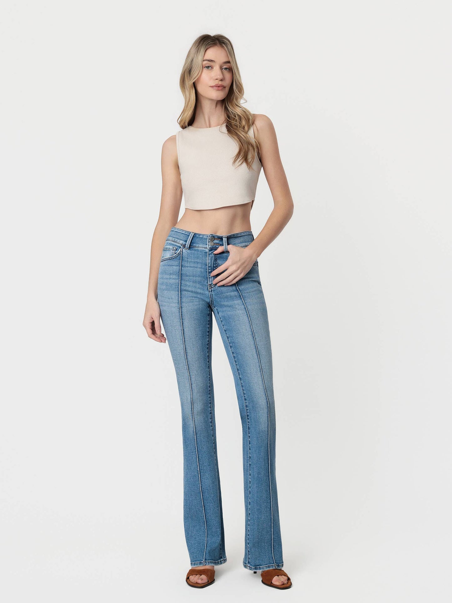 HIGH RISE 2 BUTTONS CLOSURE PINTUCK BOOTCUT JEANS T7460