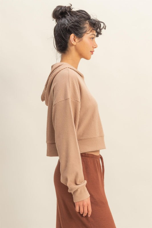 Relaxed Fit Ribbed Crop Hoodie  -  Dark Taupe