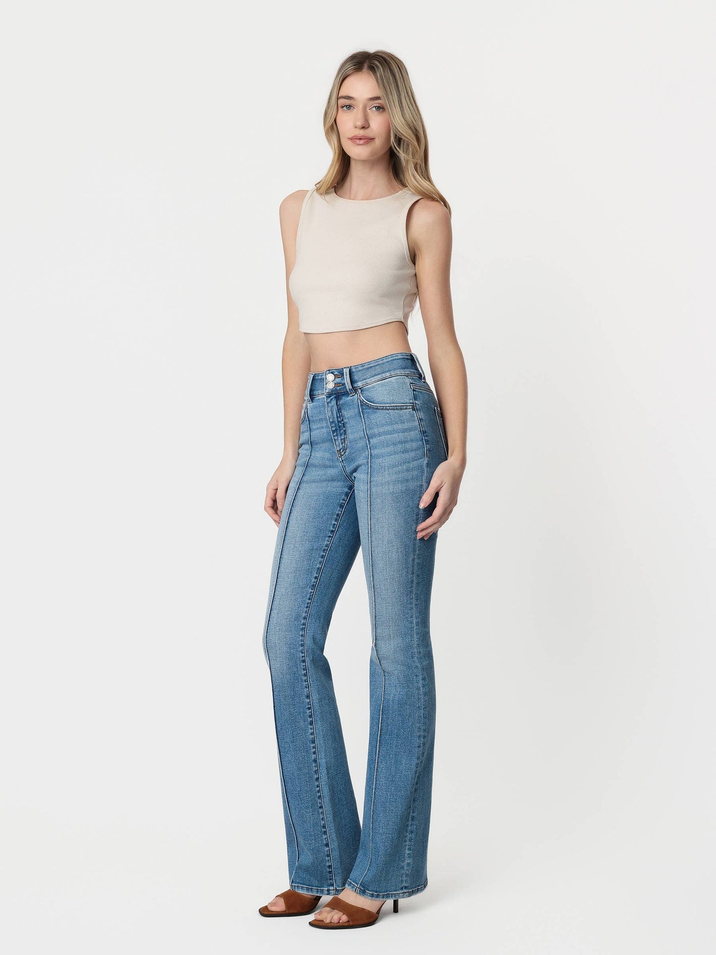 HIGH RISE 2 BUTTONS CLOSURE PINTUCK BOOTCUT JEANS T7460