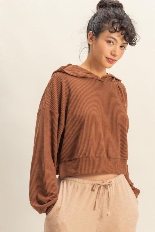 Relaxed Fit Ribbed Crop Hoodie  -  Chestnut