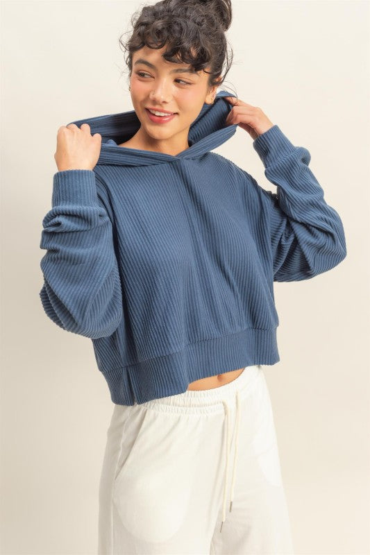 Relaxed Fit Ribbed Crop Hoodie  -  Dusty Navy