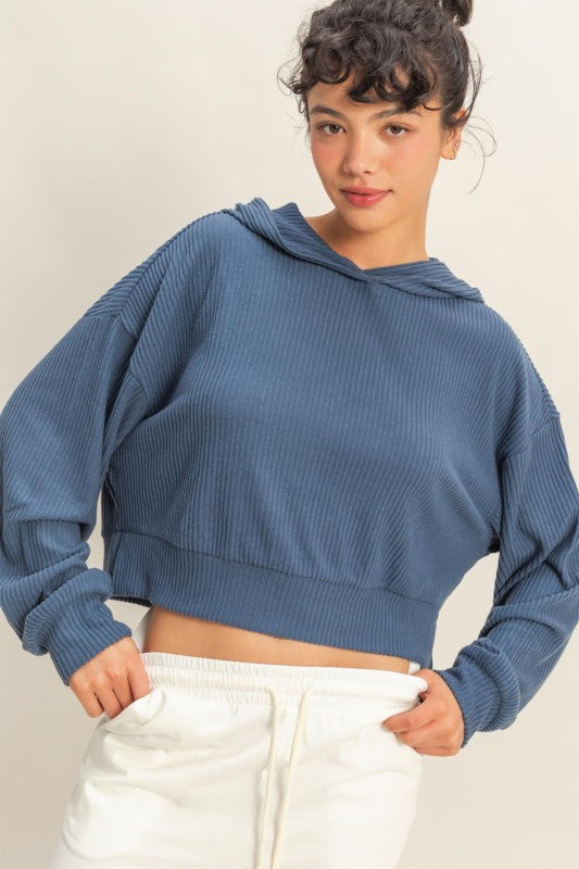 Relaxed Fit Ribbed Crop Hoodie  -  Dusty Navy