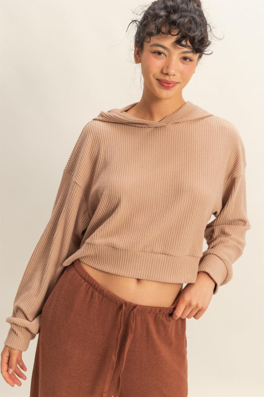 Relaxed Fit Ribbed Crop Hoodie  -  Dark Taupe