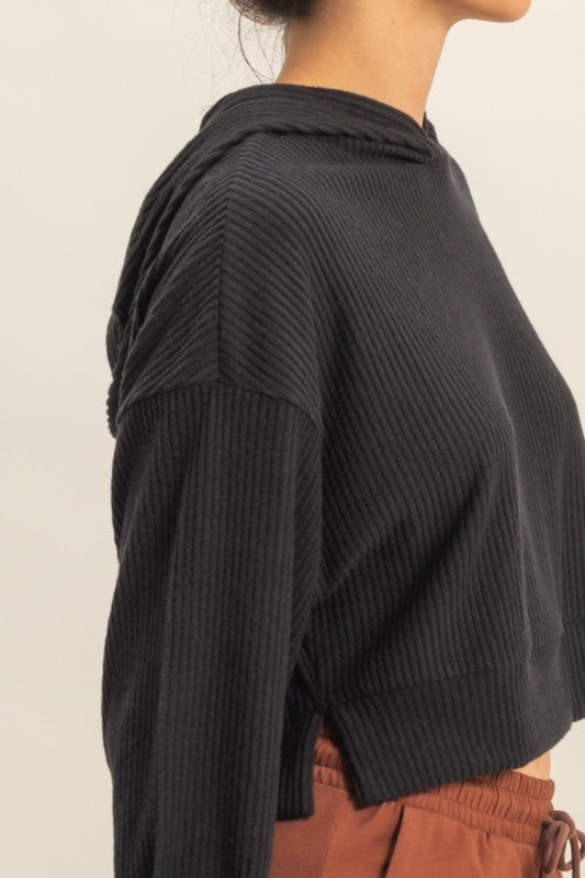 Relaxed Fit Ribbed Crop Hoodie  -  Black