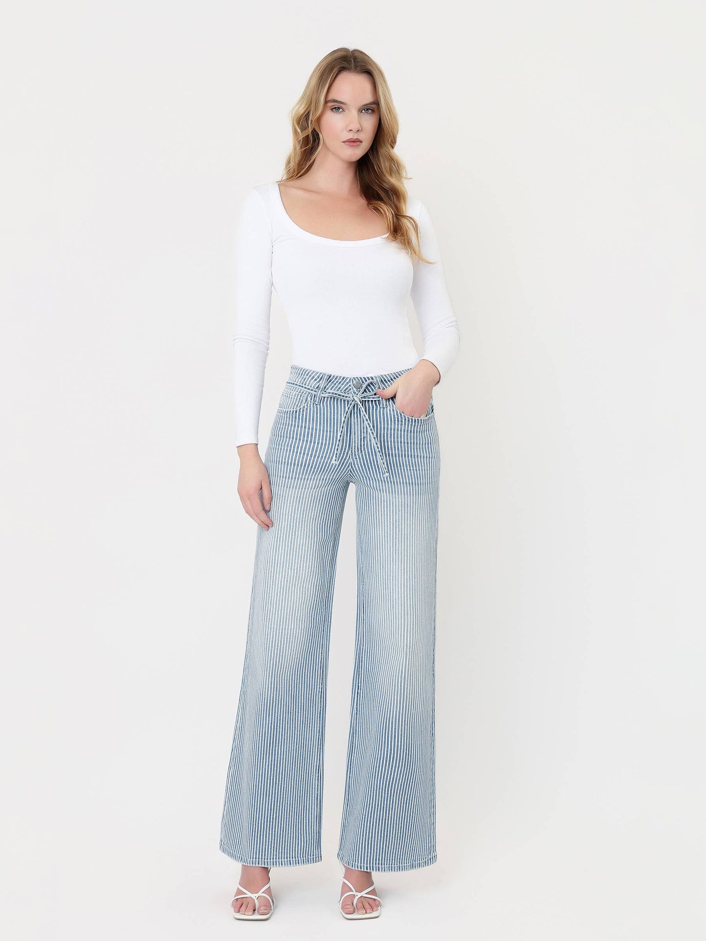 HIGH RISE WAIST TIE STRIPED WIDE LEG JEANS V3838STR