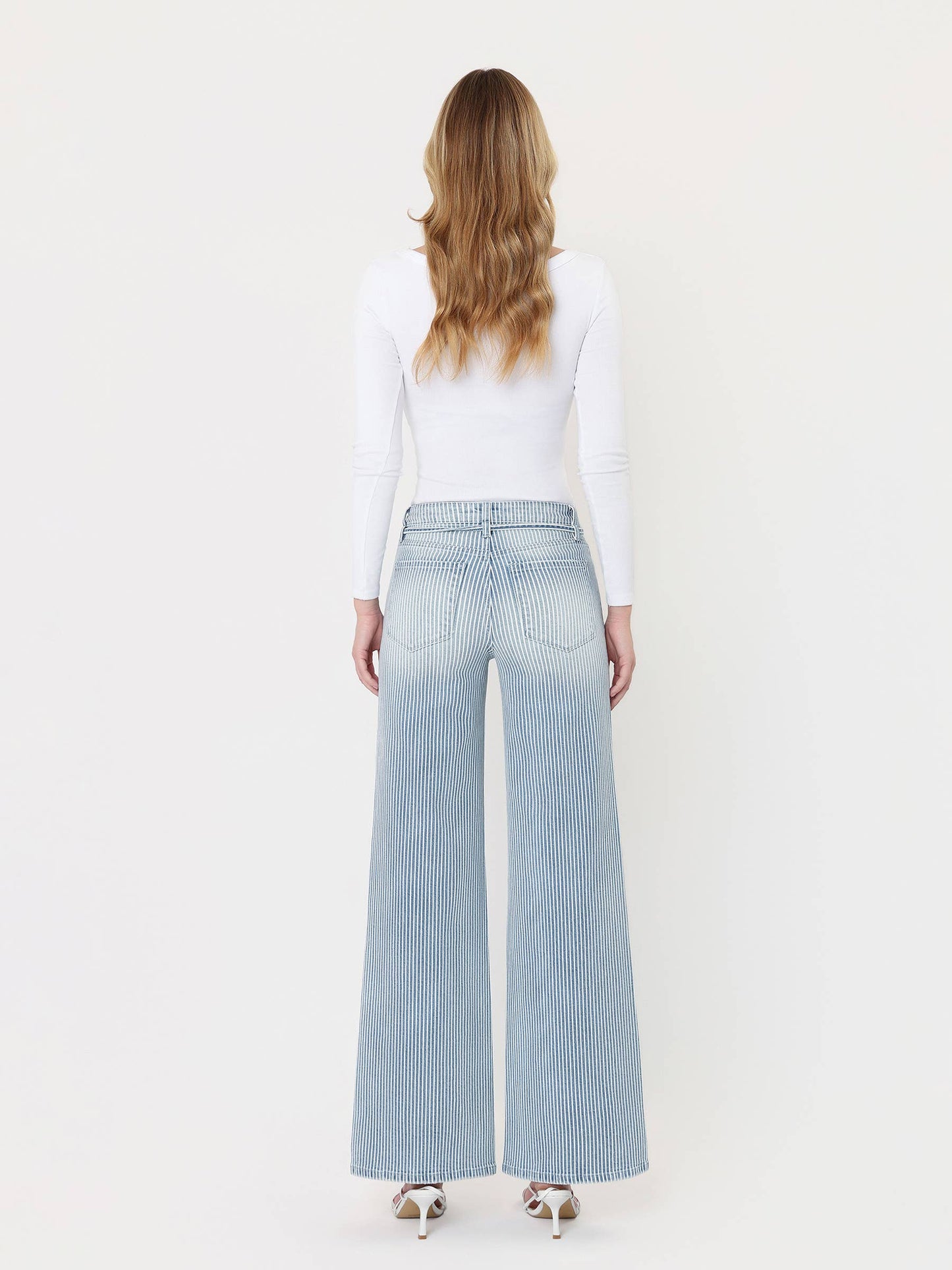 HIGH RISE WAIST TIE STRIPED WIDE LEG JEANS V3838STR