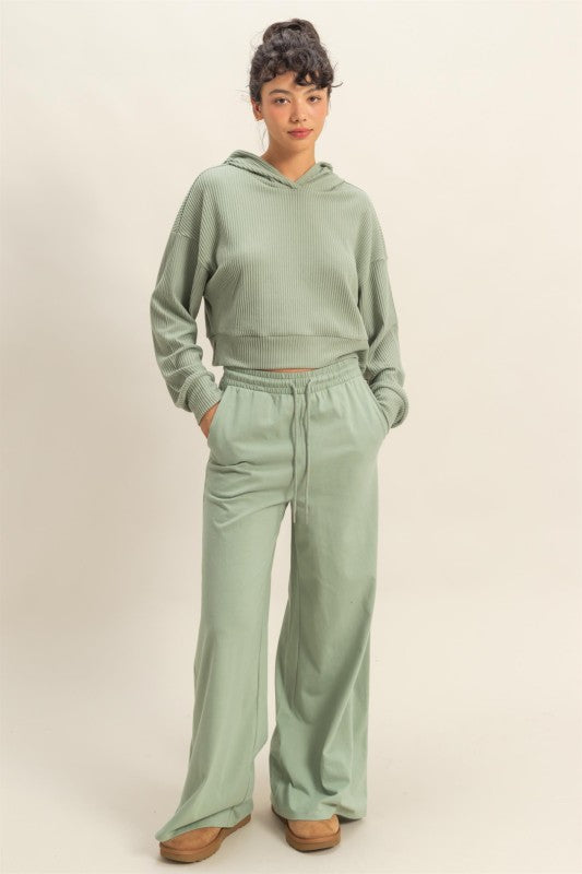 Relaxed Fit Ribbed Crop Hoodie  -  Sage Green