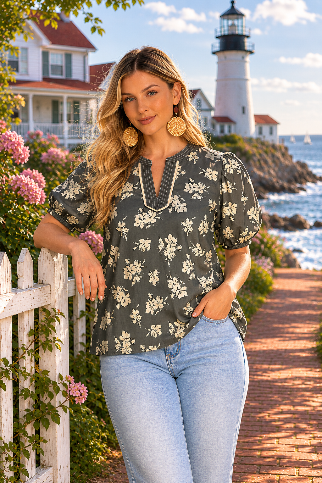Grey Flower Top with Contrast Hem