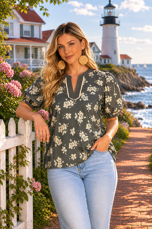 Grey Flower Top with Contrast Hem