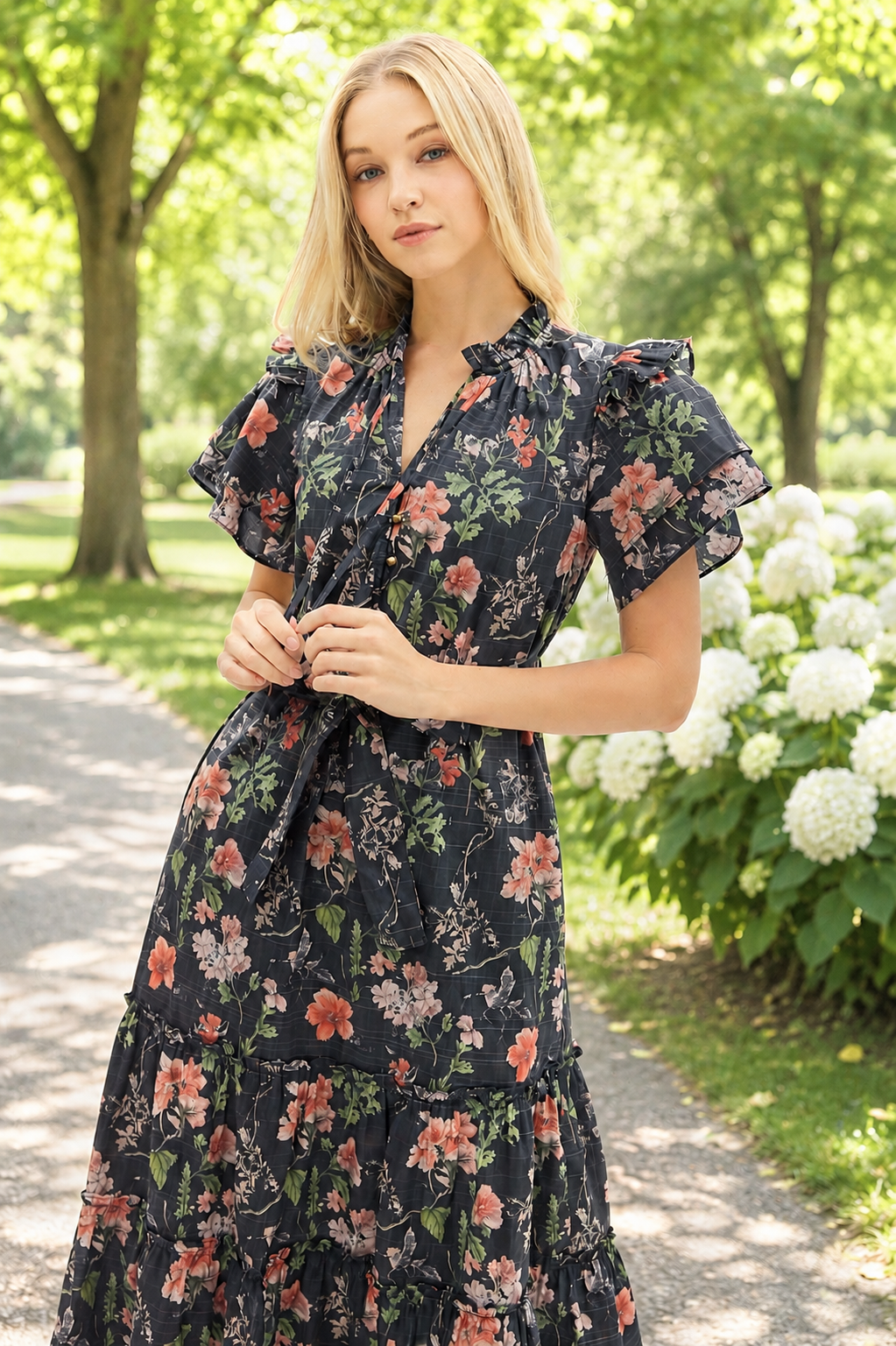 Flutter Floral Midi with Tie Waist