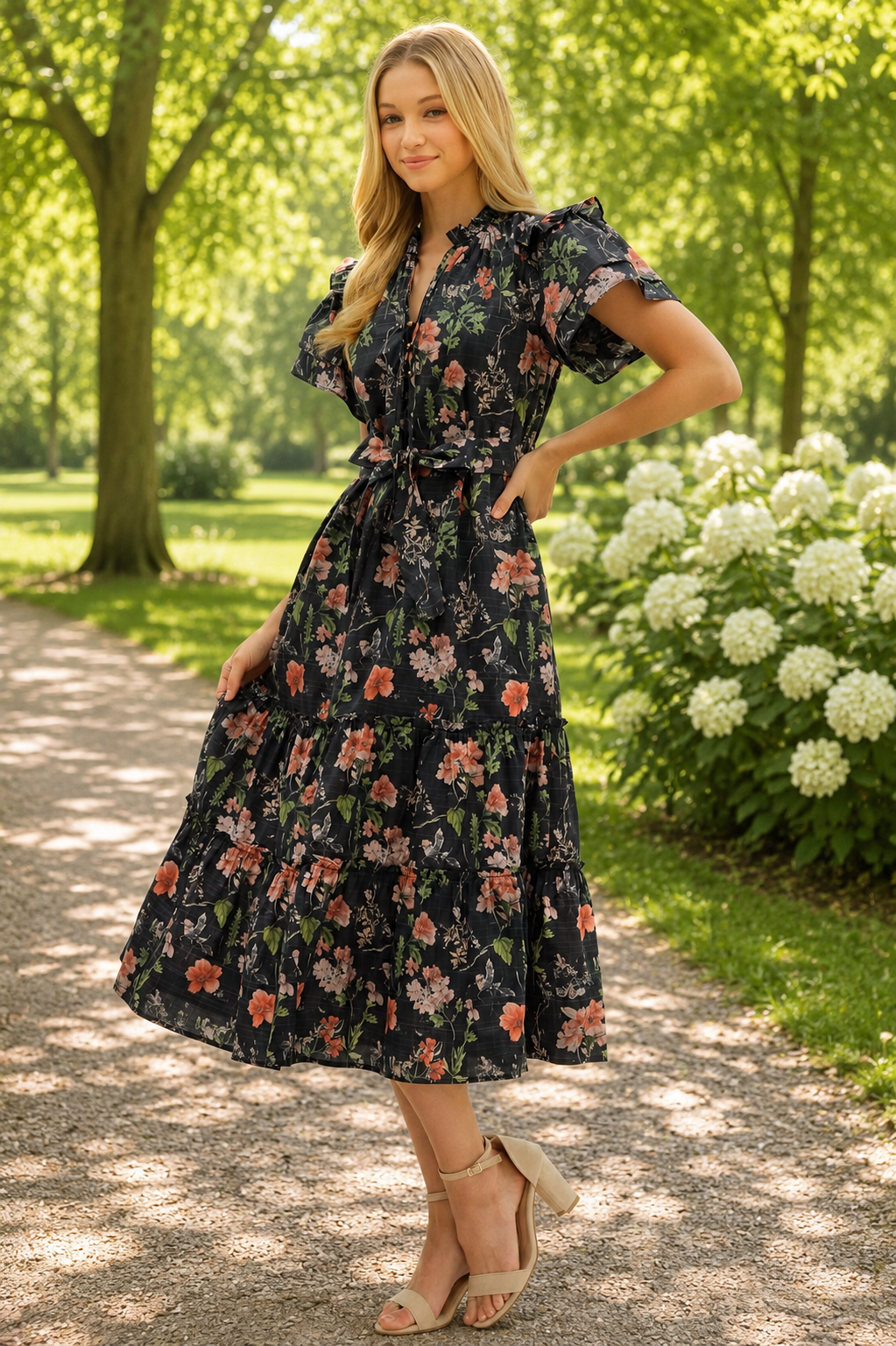 Flutter Floral Midi with Tie Waist