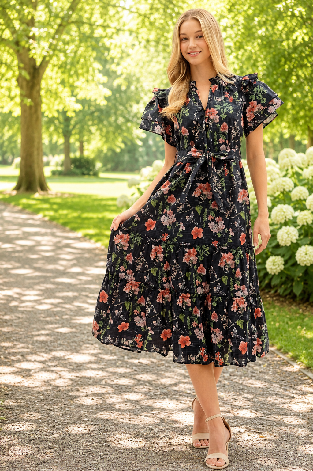 Flutter Floral Midi with Tie Waist