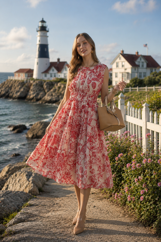 Classic Toile Print Dress - Red