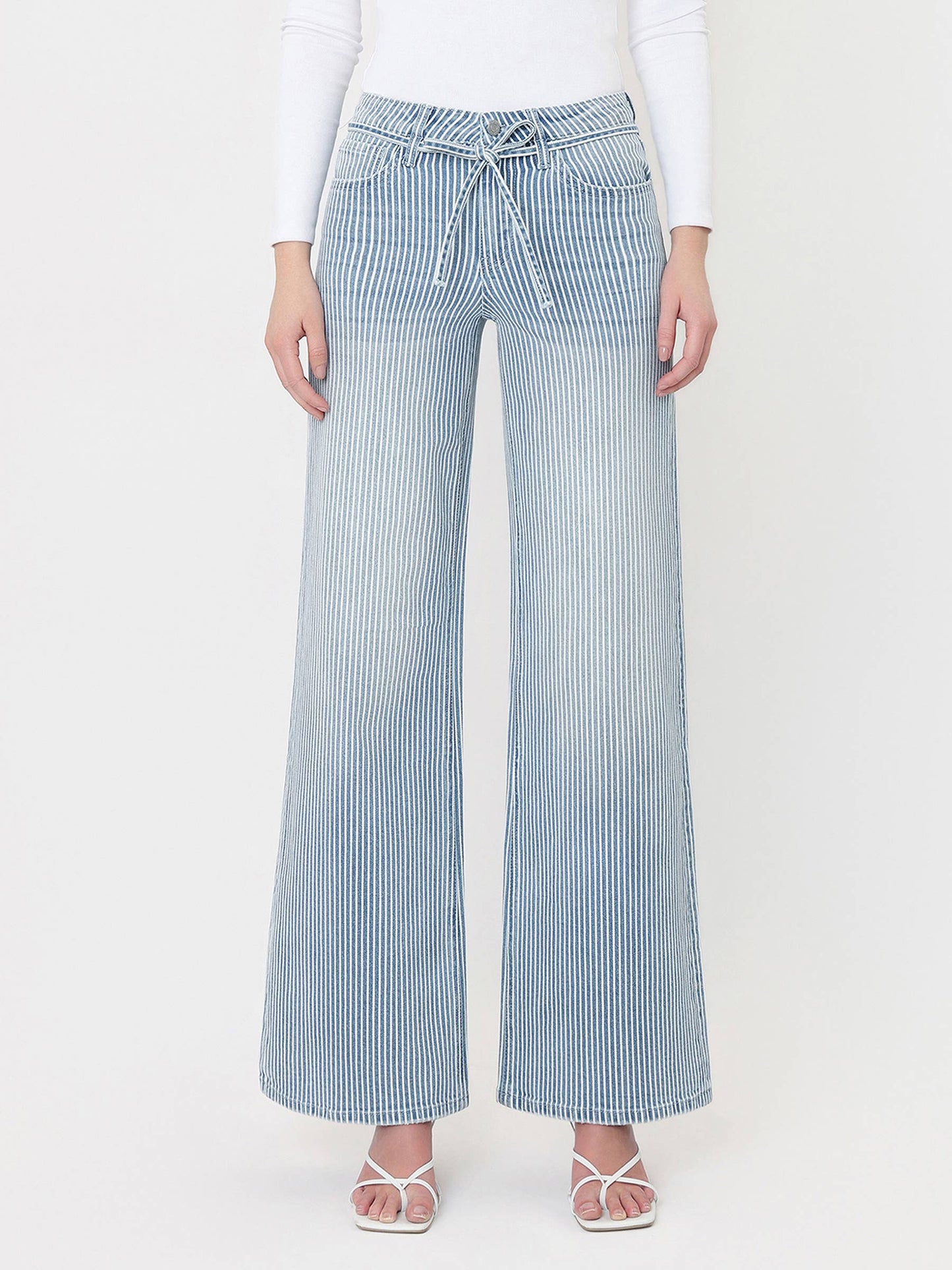 HIGH RISE WAIST TIE STRIPED WIDE LEG JEANS V3838STR