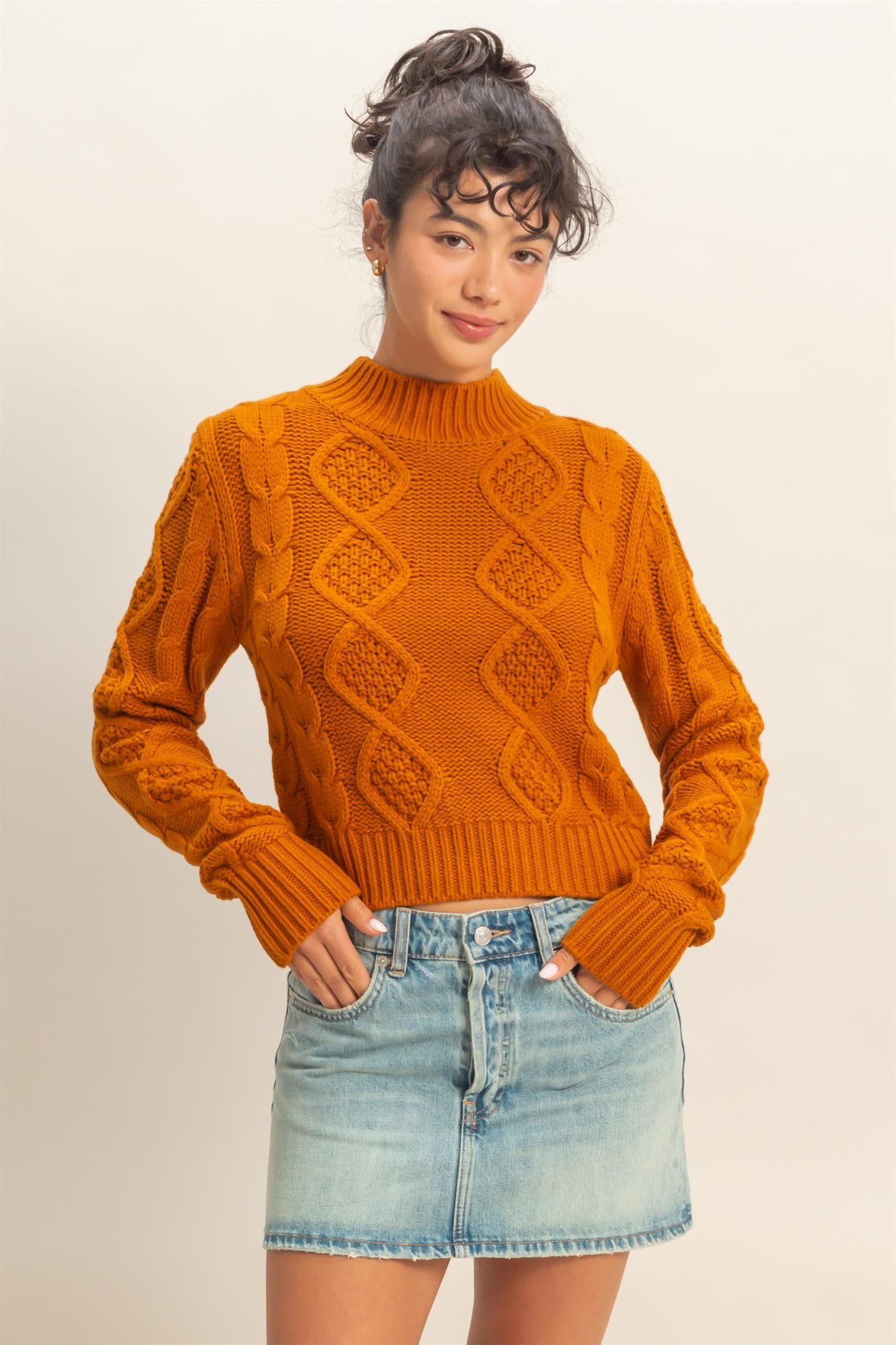 Textured Cable Knit High Neck Sweater - Caramel