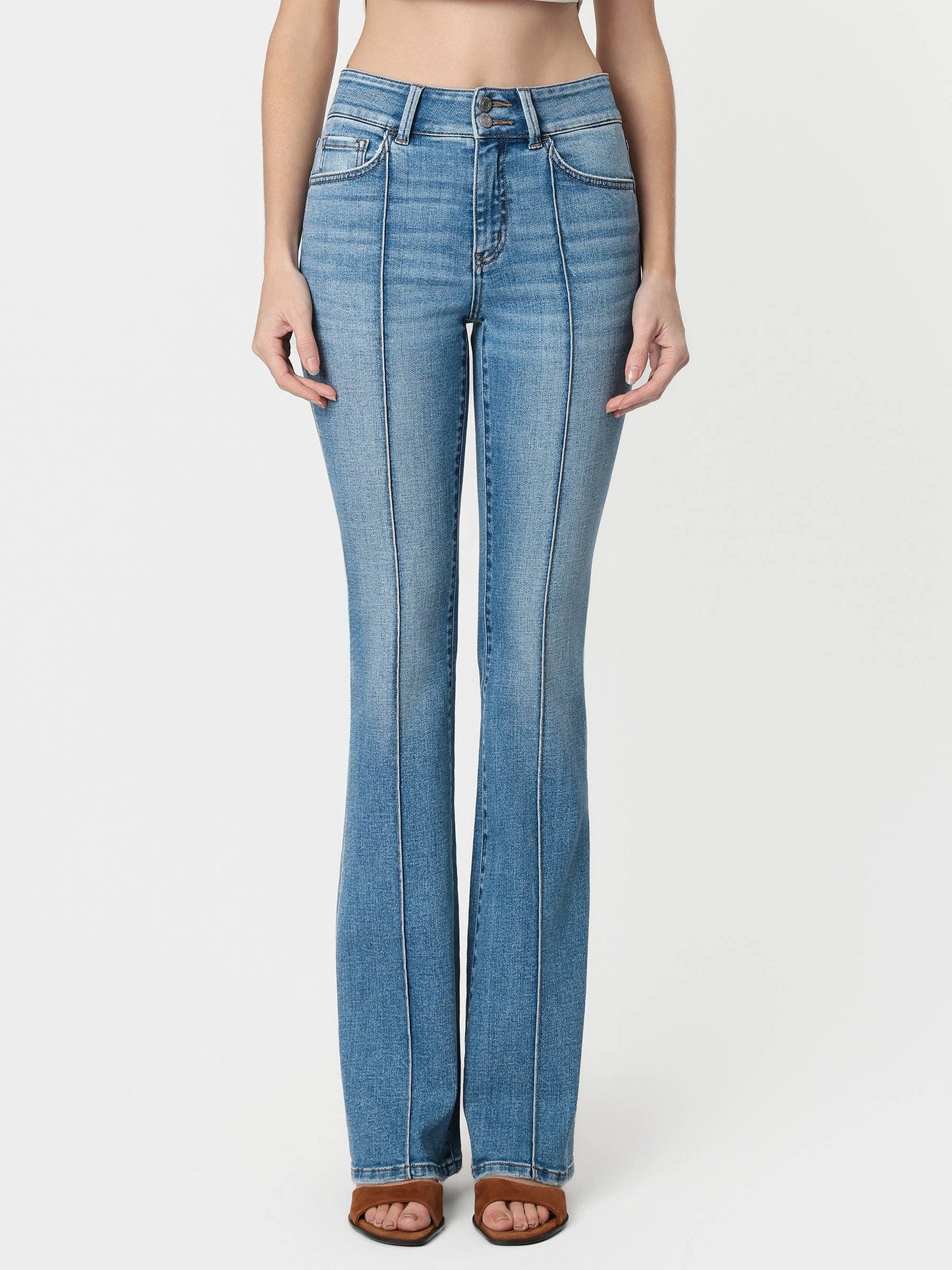 HIGH RISE 2 BUTTONS CLOSURE PINTUCK BOOTCUT JEANS T7460