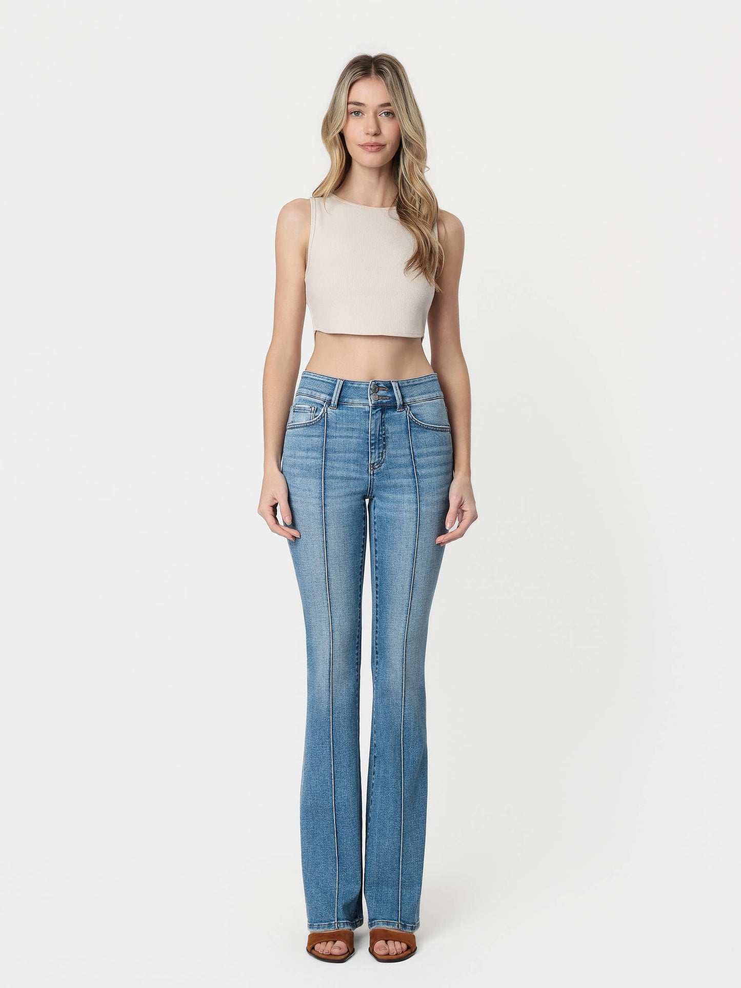 HIGH RISE 2 BUTTONS CLOSURE PINTUCK BOOTCUT JEANS T7460