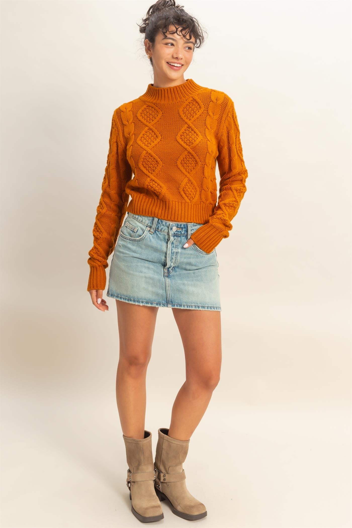 Textured Cable Knit High Neck Sweater - Caramel