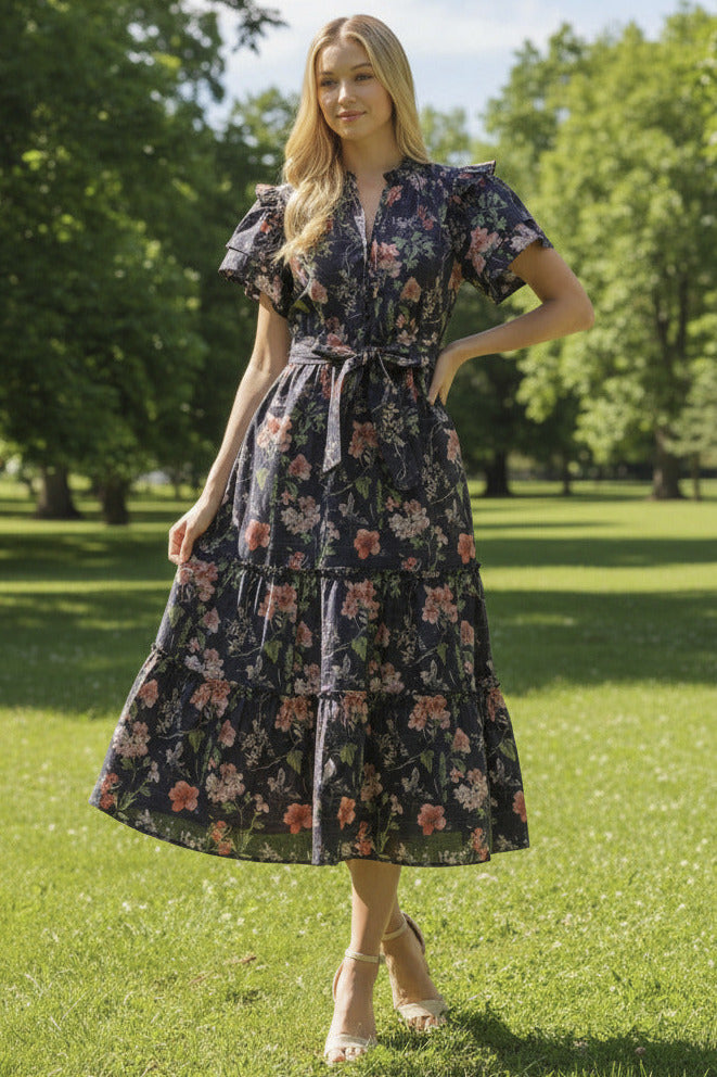 Flutter Floral Midi with Tie Waist