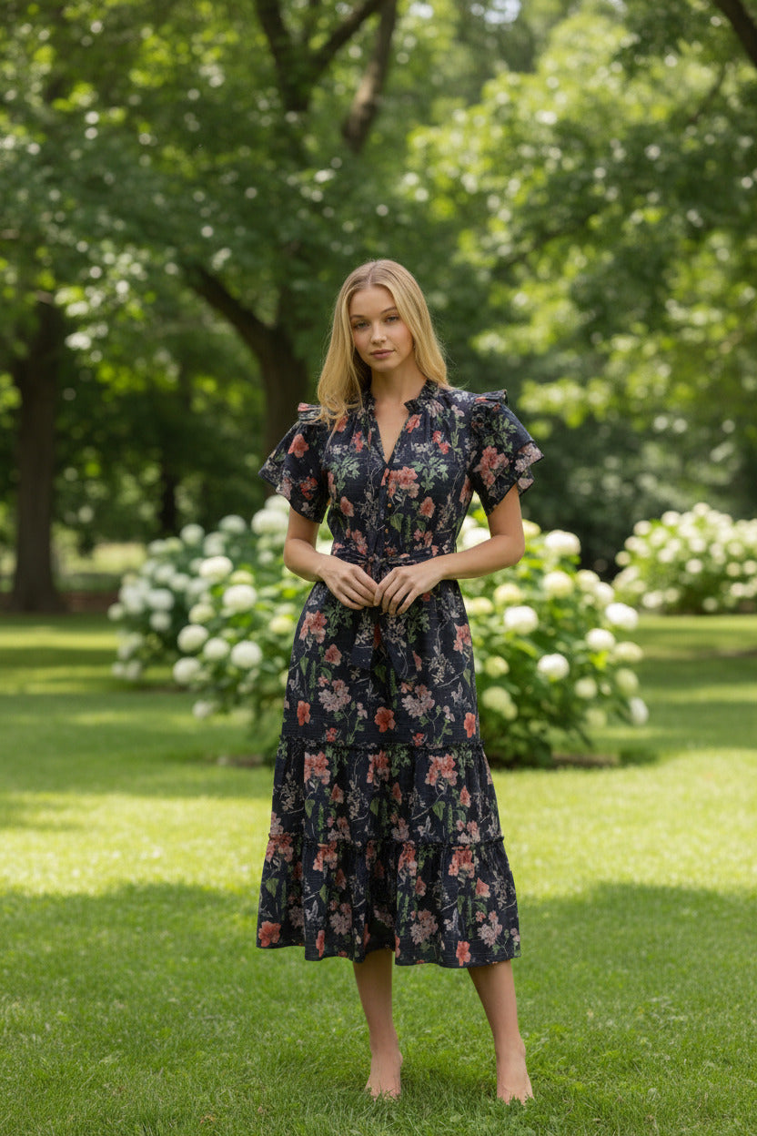 Flutter Floral Midi with Tie Waist