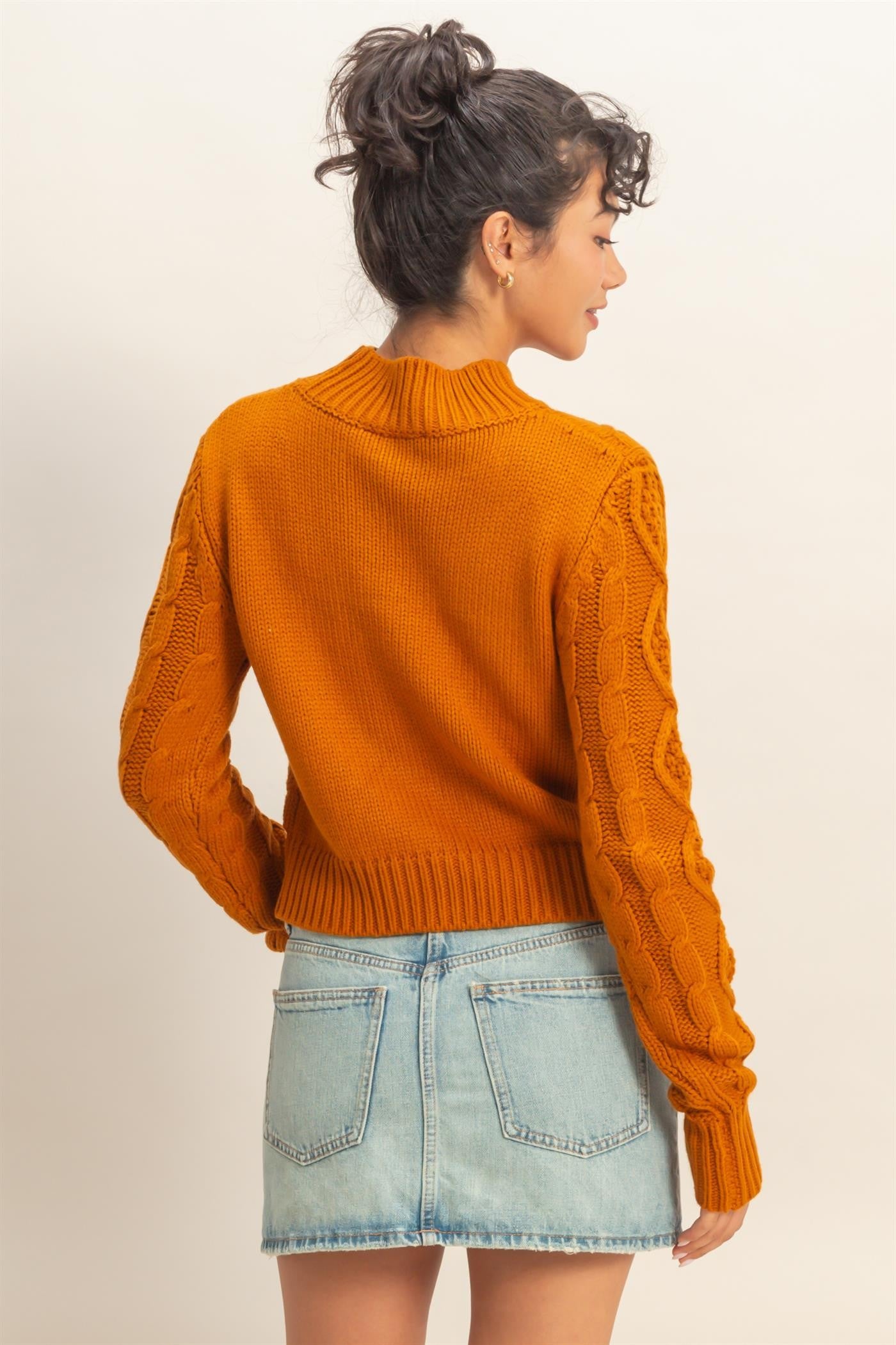 Textured Cable Knit High Neck Sweater - Caramel